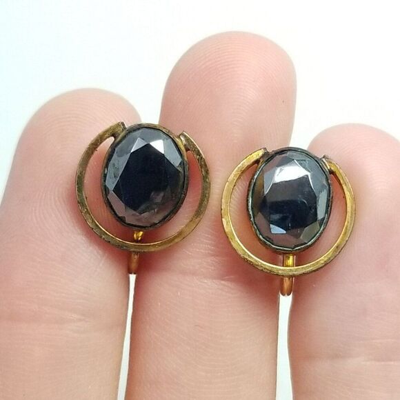 Vintage Yellow Gold Filled Oval Dark Gray Rhinestone Clip On Screw Back Earrings - Picture 7 of 11